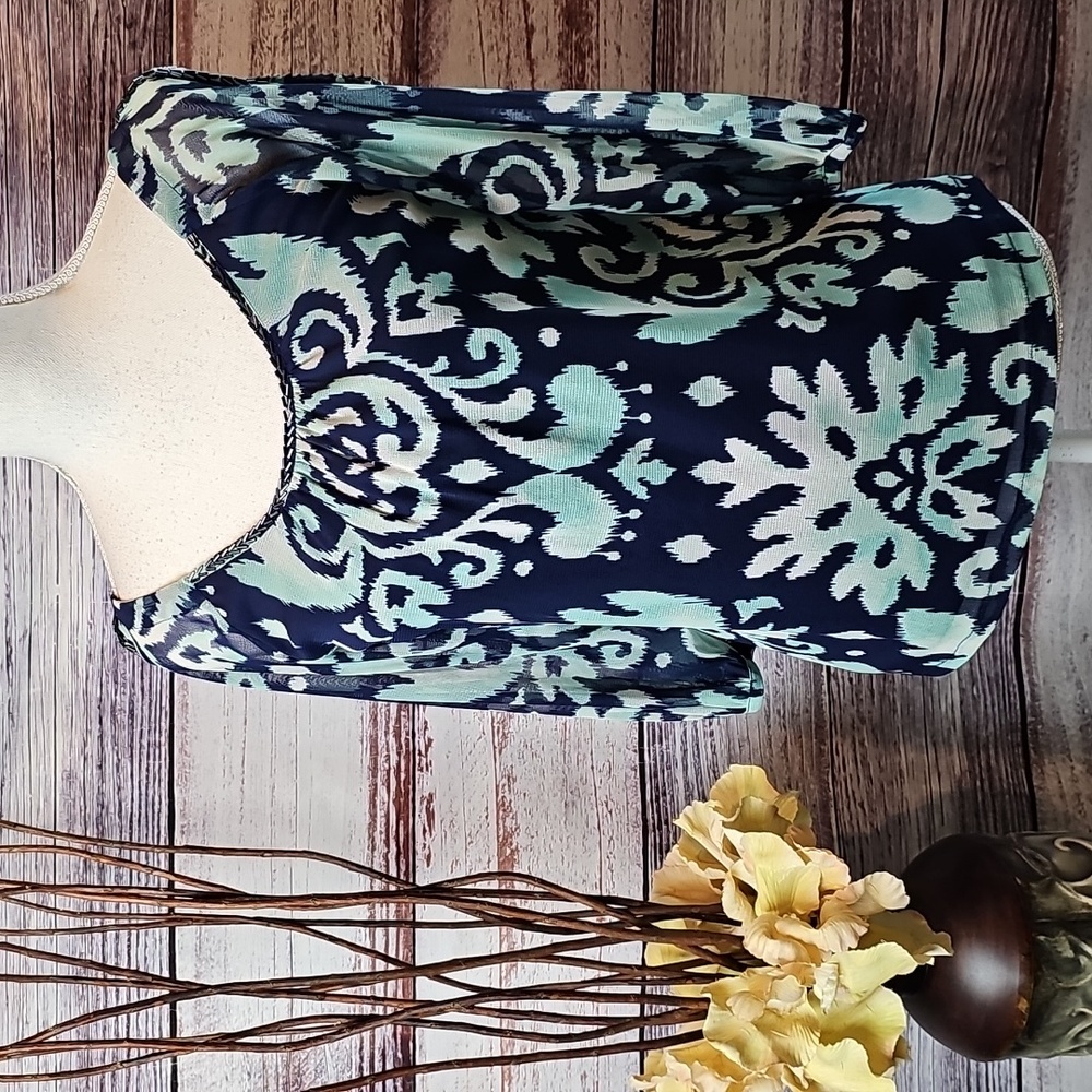 INC INTERNATIONAL CONCEPTS BLUE & GREEN LINED COLD SHOULDER SHEER PULLOVE BLOUSE